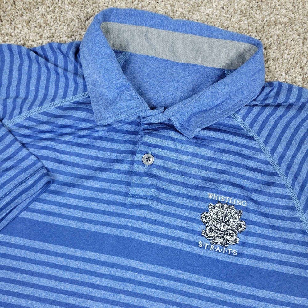 Anderson Ord Mens Large Blue Striped Performance Stretch Golf Polo Short Sleeve